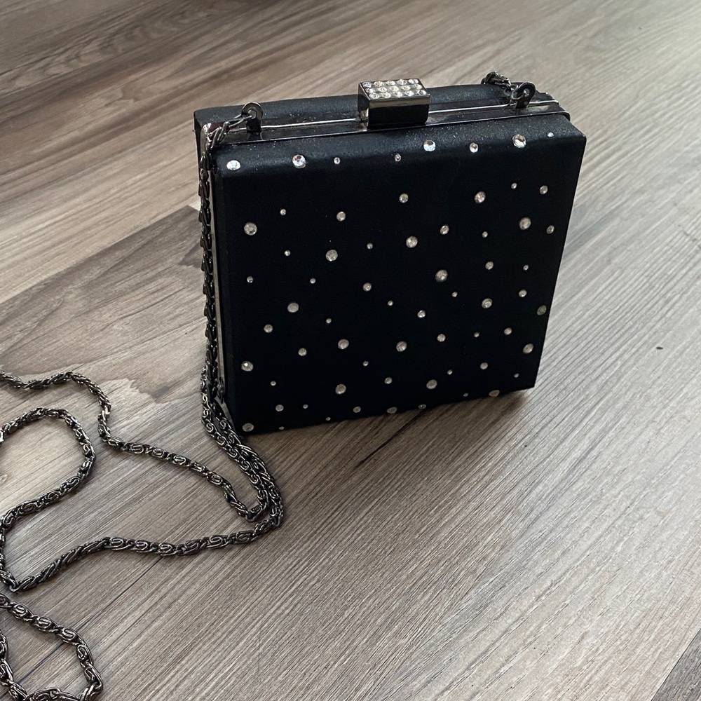 Black Studded Satin Evening Box Clutch with Chain